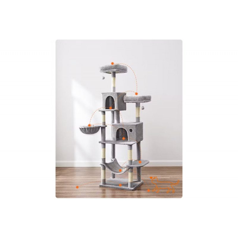 Klösträd 199 cm i flera nivåer med 2 grottor, hängmatta & plattformar, grå plysch och sisal