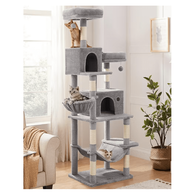 Klösträd 199 cm i flera nivåer med 2 grottor, hängmatta & plattformar, grå plysch och sisal