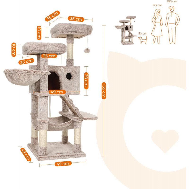 Klösträd i flera nivåer, 135 cm – mjukt skydd, ljusbrun
