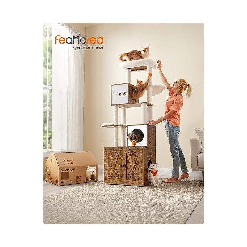 Klösträd i vintagebrun med träkatthus och plattformar – 60 × 52 × 185 cm