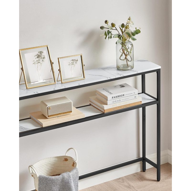 Konsolbord i Marmorvit & Svart – 2 Hyllplan, 100 × 20 × 80 cm