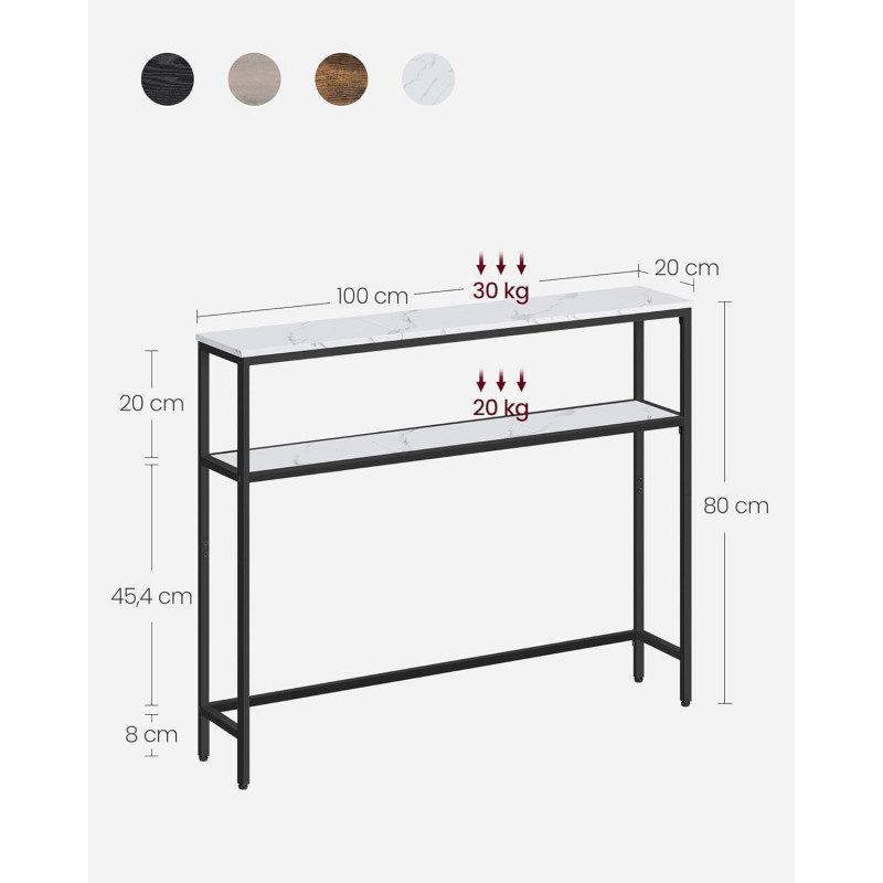 Konsolbord i Marmorvit & Svart – 2 Hyllplan, 100 × 20 × 80 cm