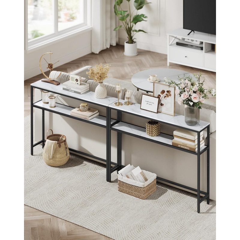 Konsolbord i Marmorvit & Svart – 2 Hyllplan, 100 × 20 × 80 cm