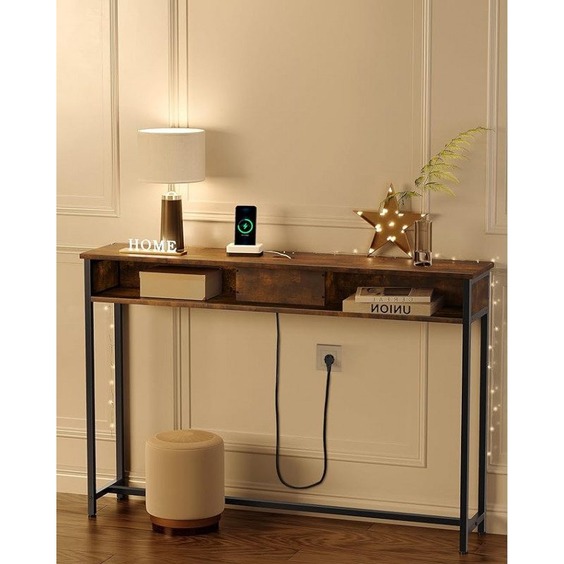 Konsolbord med eluttag 120×25×81 cm i brun/svart – 2 fack för förvaring