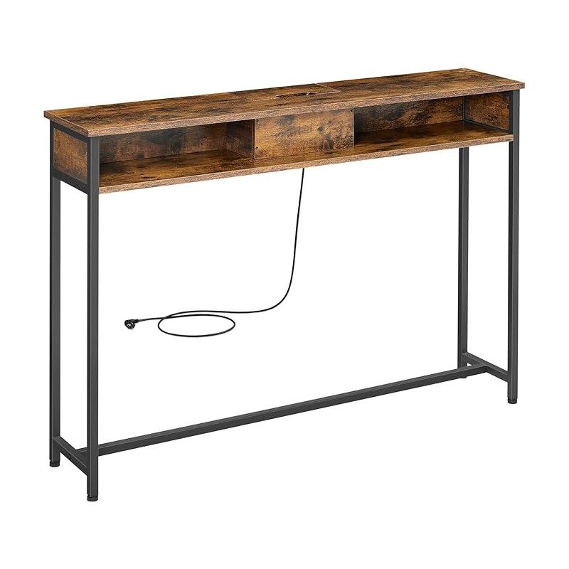 Konsolbord med eluttag 120×25×81 cm i brun/svart – 2 fack för förvaring