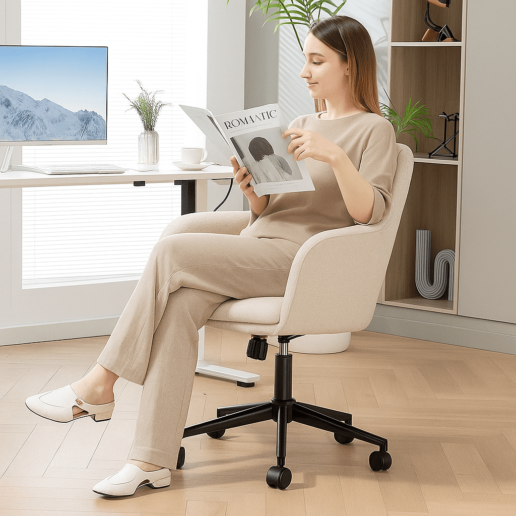 Kontorsfåtölj Beige Teddy Fleece med Ergonomiskt Ryggstöd & Justerbar Höjd