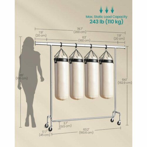 Kraftig Klädställning med Hjul – 110 kg, Utdragbar Stång 160–200 cm