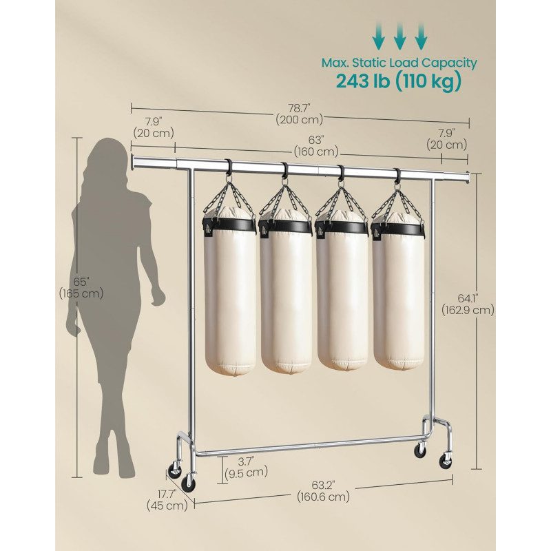 Kraftig Klädställning med Hjul – 110 kg, Utdragbar Stång 160–200 cm