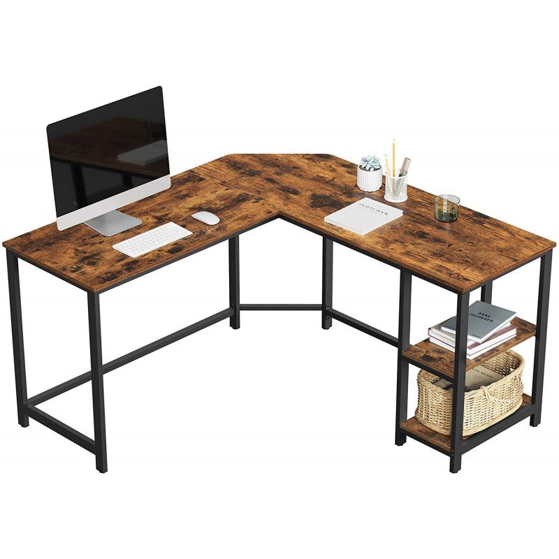 L-format skrivbord för hörn med två praktiska hyllor, vintage brun/svart