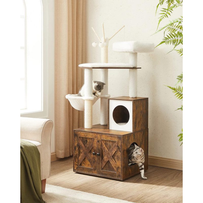Lyxigt klösträd med katthus och plattformar – vit/vintagebrun, plysch & sisal 57,5 × 50 × 140 cm