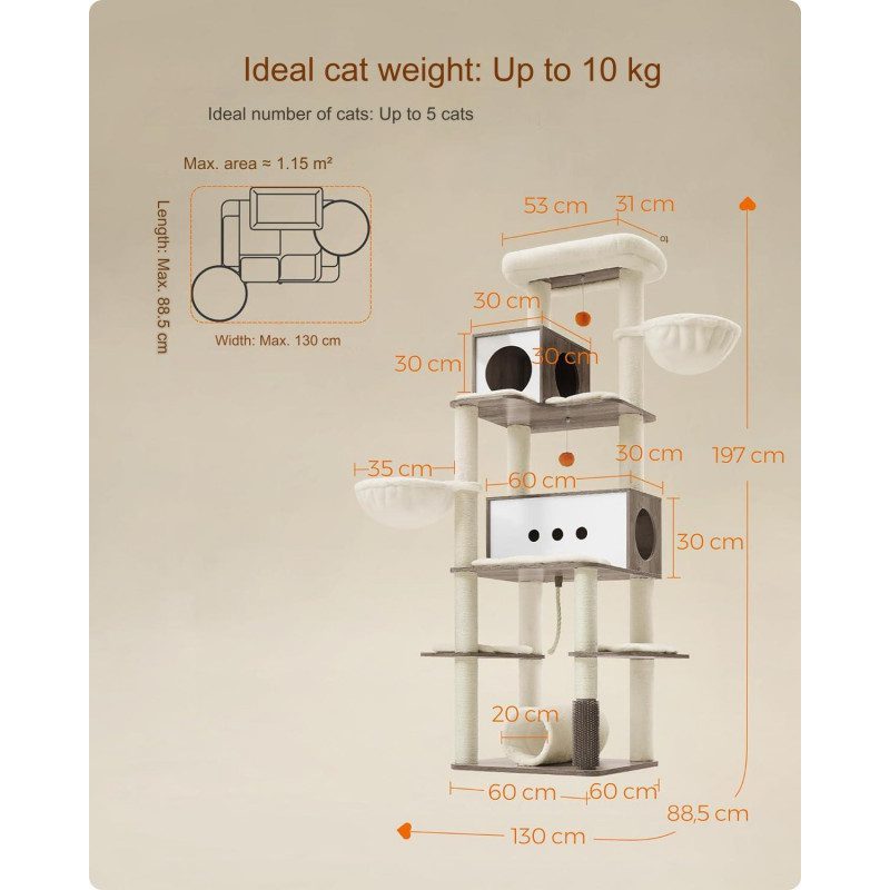 Lyxigt XXL klösträd 197 cm med tunnel, 2 grottor och flera plattformar – beige/greige plysch & sisal