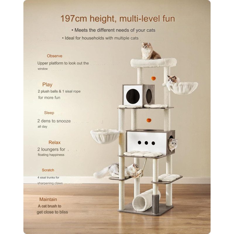 Lyxigt XXL klösträd 197 cm med tunnel, 2 grottor och flera plattformar – beige/greige plysch & sisal