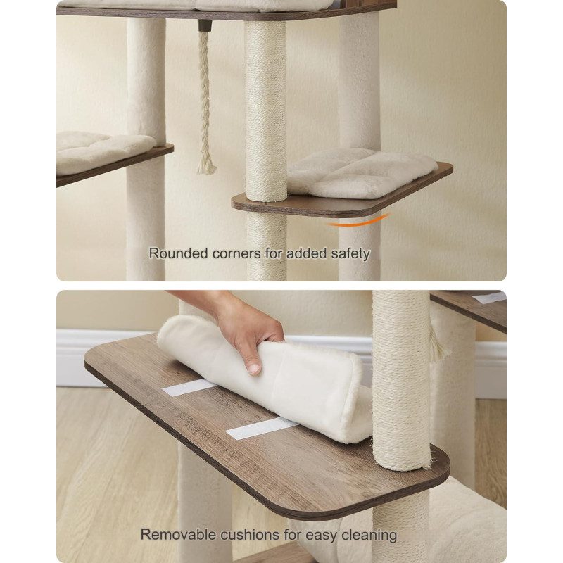 Lyxigt XXL klösträd 197 cm med tunnel, 2 grottor och flera plattformar – beige/greige plysch & sisal