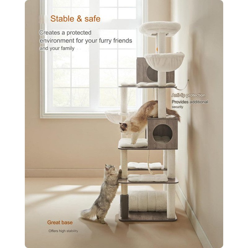 Lyxigt XXL klösträd 197 cm med tunnel, 2 grottor och flera plattformar – beige/greige plysch & sisal