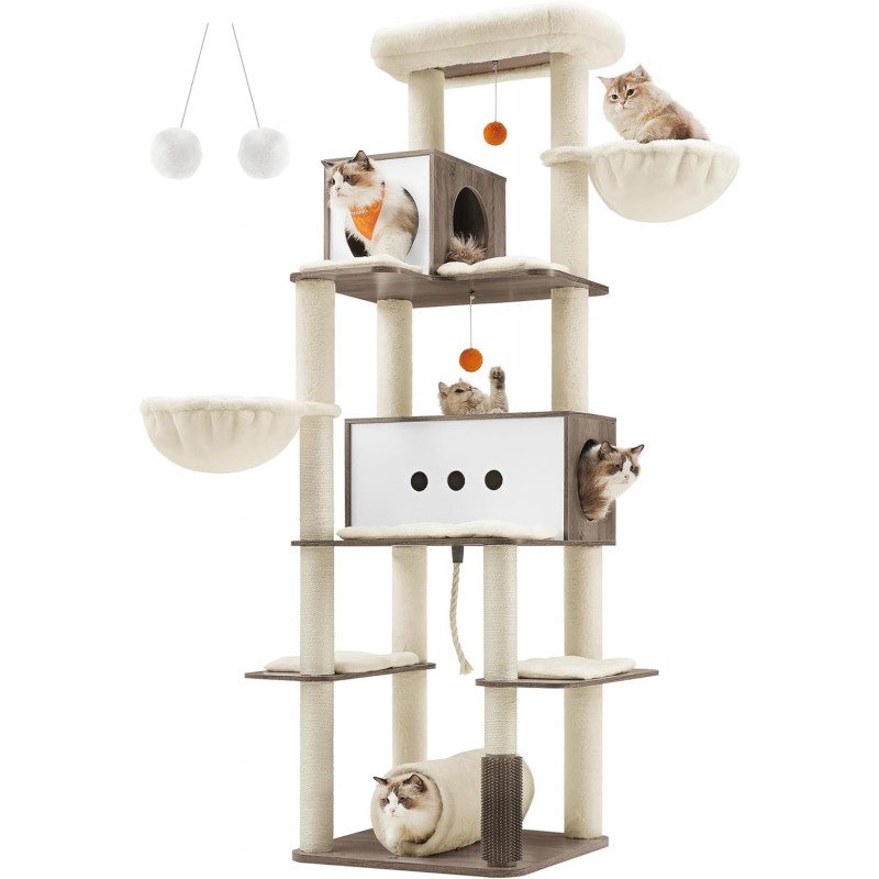 Lyxigt XXL klösträd 197 cm med tunnel, 2 grottor och flera plattformar – beige/greige plysch & sisal