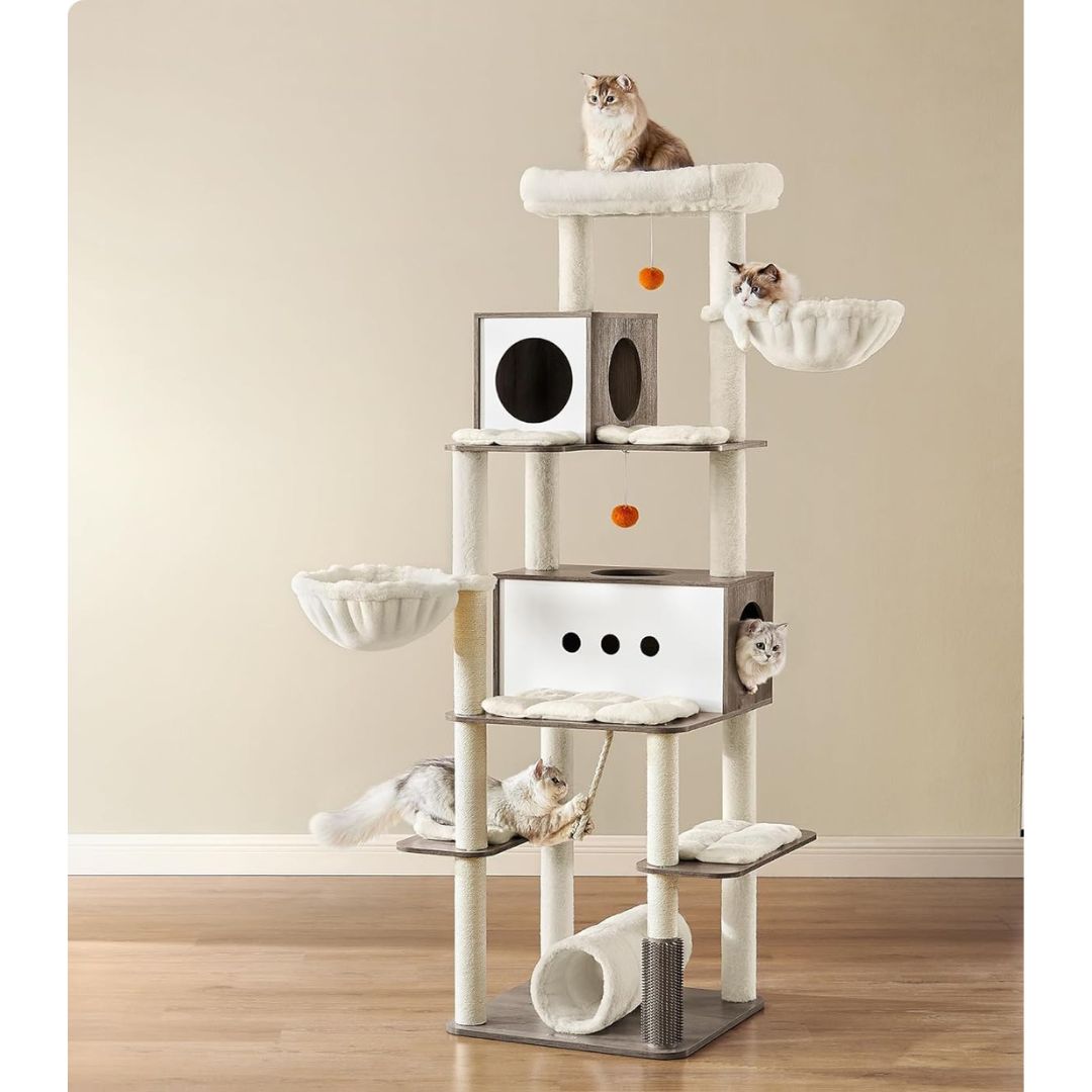 Lyxigt XXL klösträd 197 cm med tunnel, 2 grottor och flera plattformar – beige/greige plysch & sisal