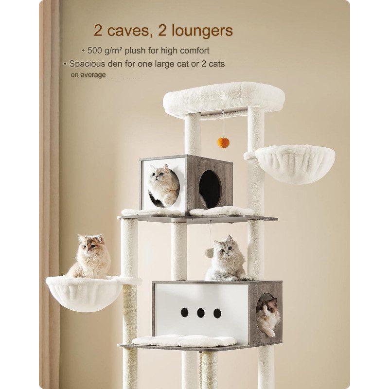Lyxigt XXL klösträd 197 cm med tunnel, 2 grottor och flera plattformar – beige/greige plysch & sisal