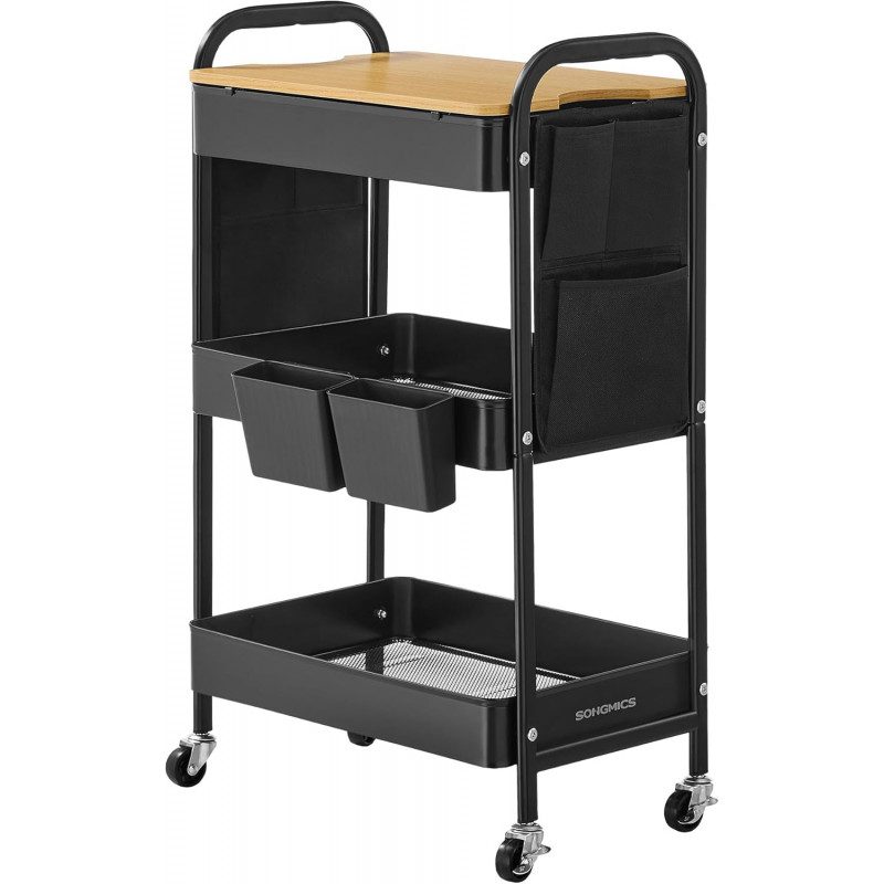 Mångsidig Rullvagn för Förvaring – 3 Plan, Svart Metall, Sidofack