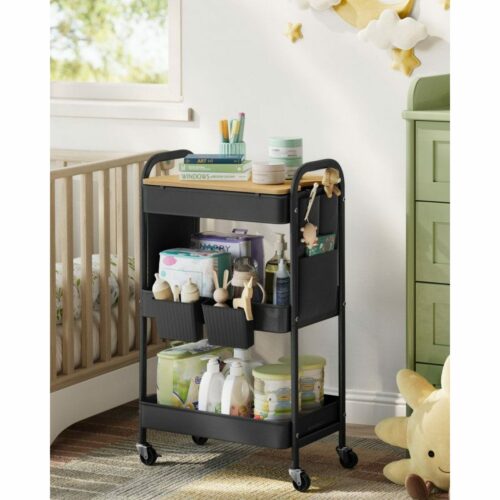 Mångsidig Rullvagn för Förvaring – 3 Plan, Svart Metall, Sidofack