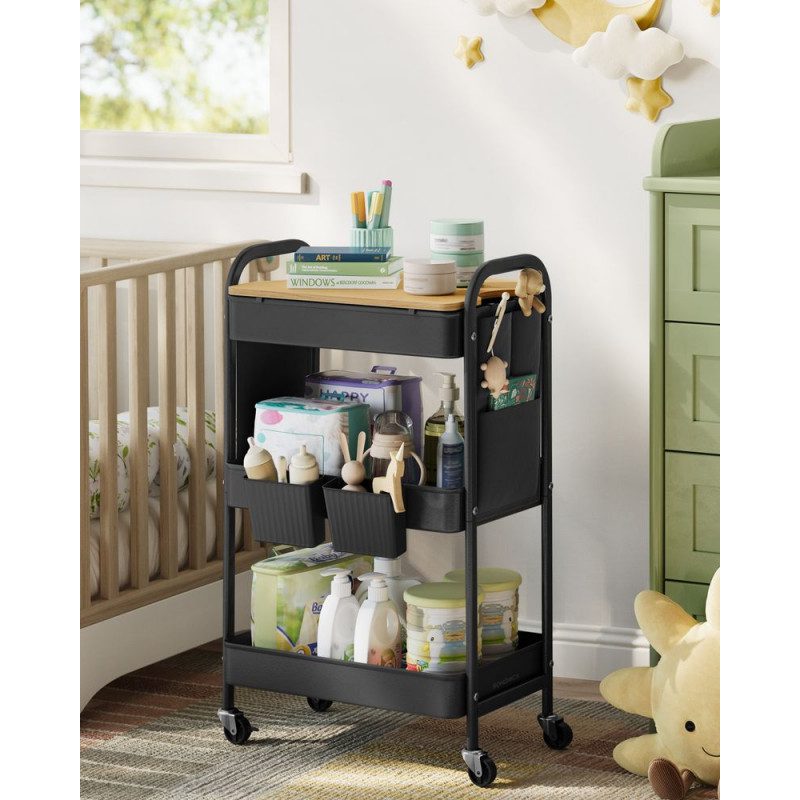 Mångsidig Rullvagn för Förvaring – 3 Plan, Svart Metall, Sidofack