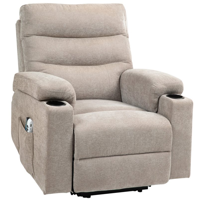 Massagefåtölj med Dubbelmotor & Ståhjälp – Ljusbrun Chenille