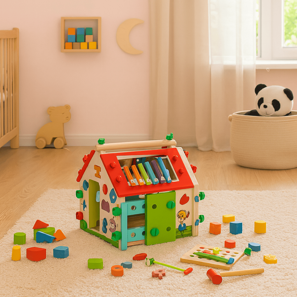 Montessori aktivitets- och sorteringshus i trä – utbildande leksak för barn