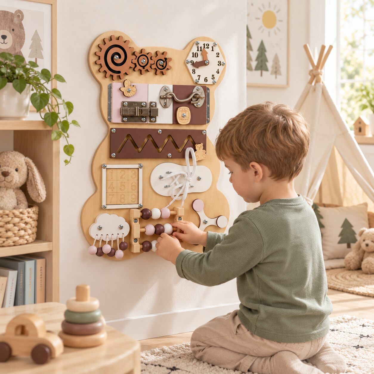 Montessori aktivitetsbräda i trä – 14-i-1 manipulationsleksak i form av nallebjörn