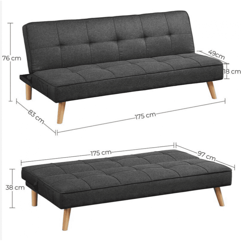 Mörkgrå bäddsoffa i linne-look, 3-sits – 175 × 83 × 76 cm