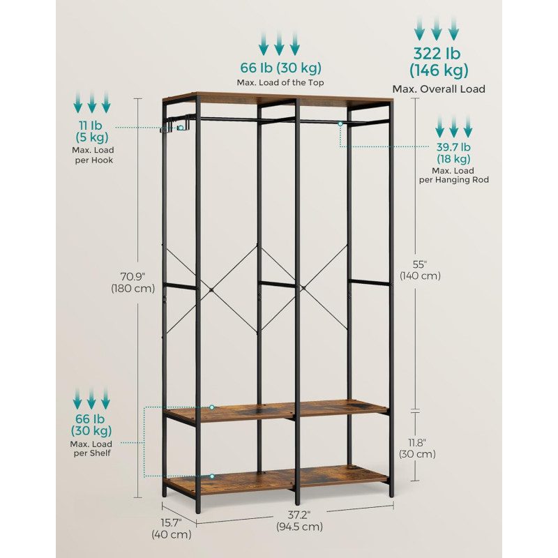 Öppen Garderob i Industriell Stil – Vintage Brun, 94,5 x 40 x 180 cm