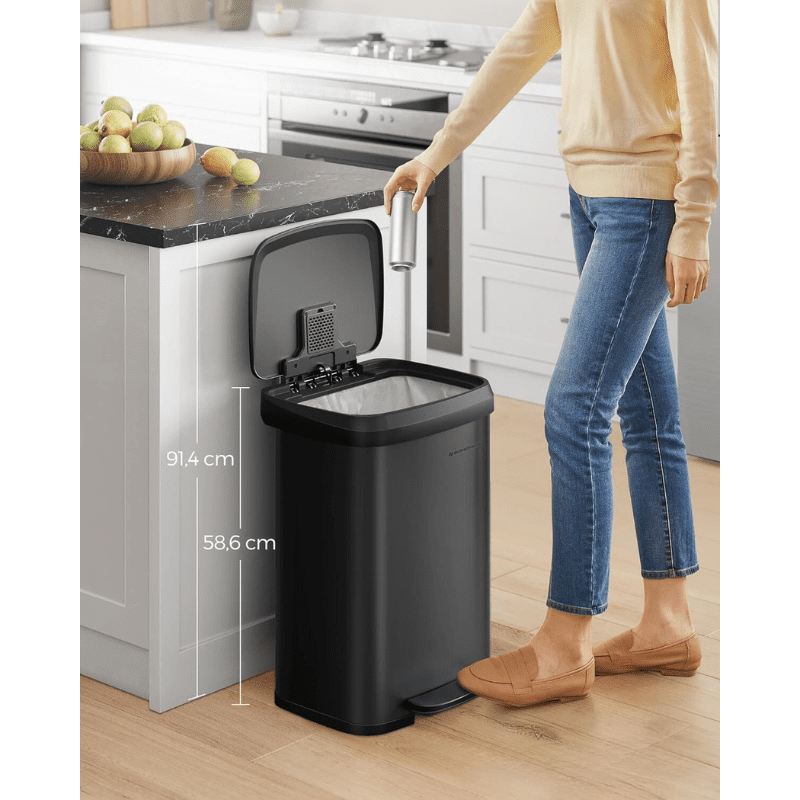 Papperskorg med Pedal och Lock – 50L, Rostfritt Stål, Svart