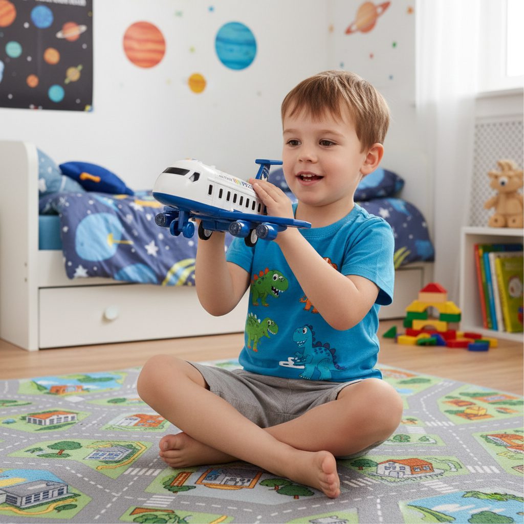 Polisflygplan med 4 Polisbilar, Ramp, Kran och Ljus/Ljud – 45 × 63 × 25 cm