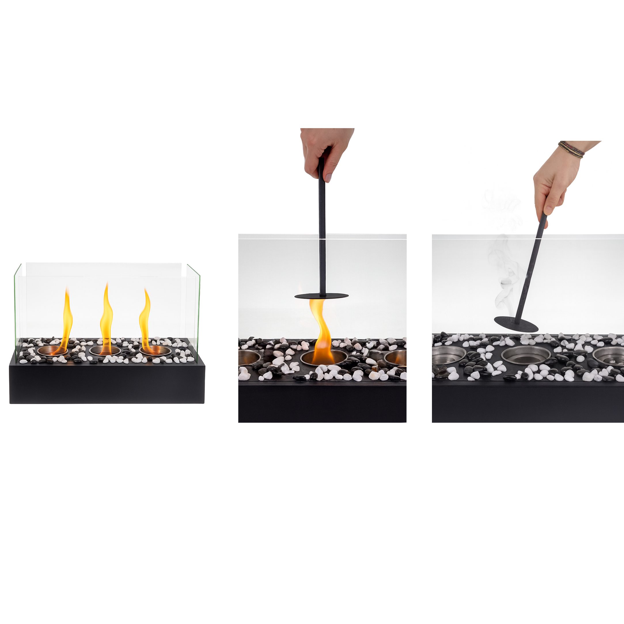 Svart Fristående Biokamin med Glasväggar, 3 Brännare och Dekorstenar – 45 × 30 × 21 cm