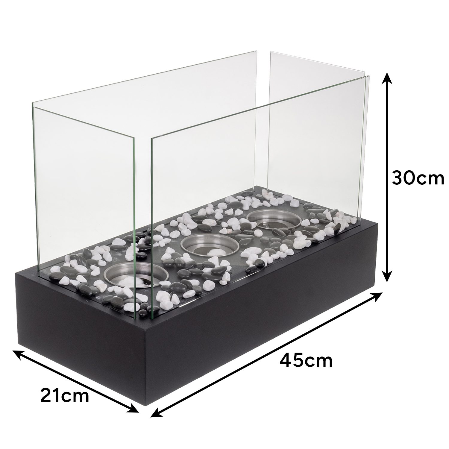 Svart Fristående Biokamin med Glasväggar, 3 Brännare och Dekorstenar – 45 × 30 × 21 cm