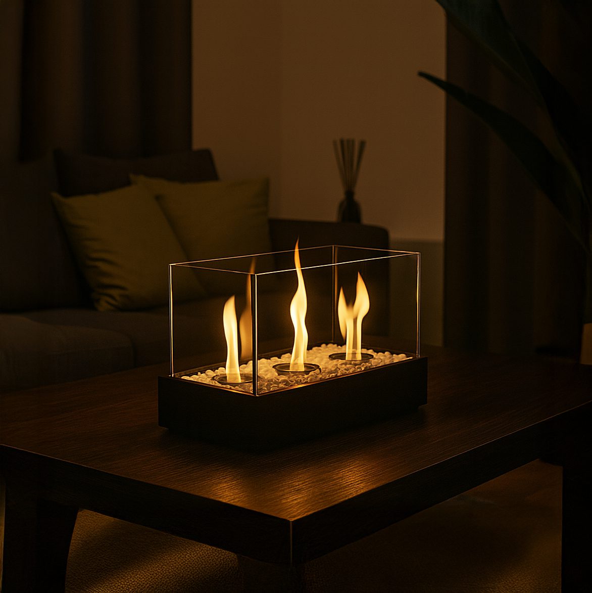 Svart Fristående Biokamin med Glasväggar, 3 Brännare och Dekorstenar – 45 × 30 × 21 cm