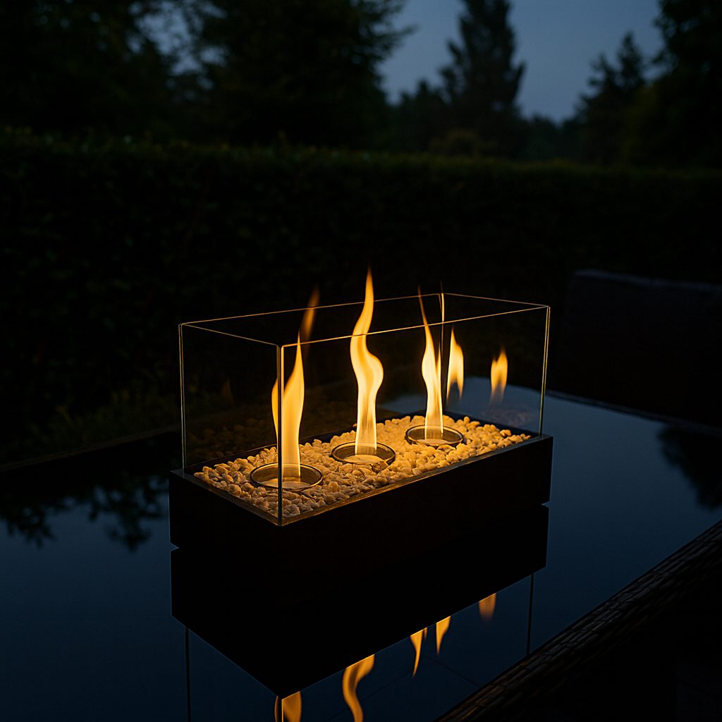 Svart Fristående Biokamin med Glasväggar, 3 Brännare och Dekorstenar – 45 × 30 × 21 cm