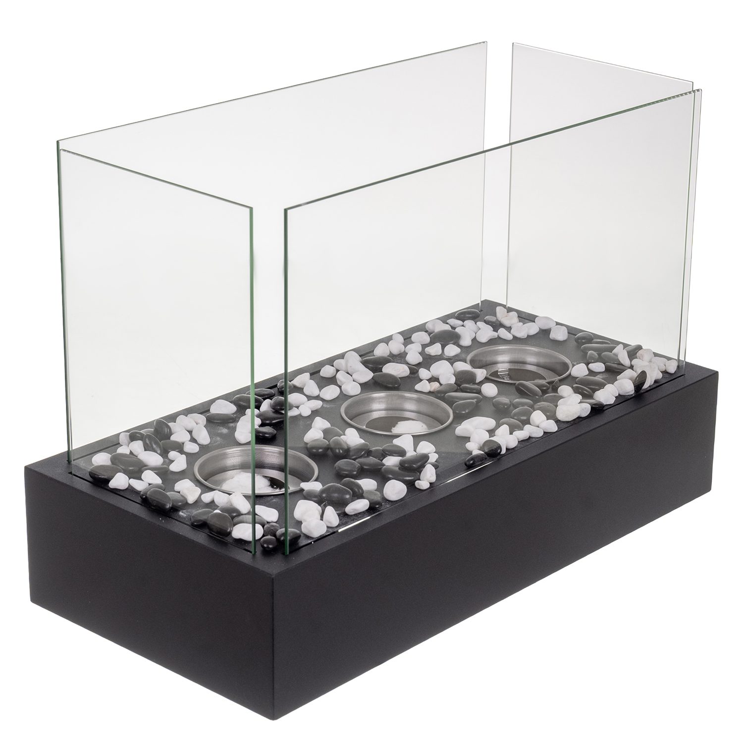 Svart Fristående Biokamin med Glasväggar, 3 Brännare och Dekorstenar – 45 × 30 × 21 cm