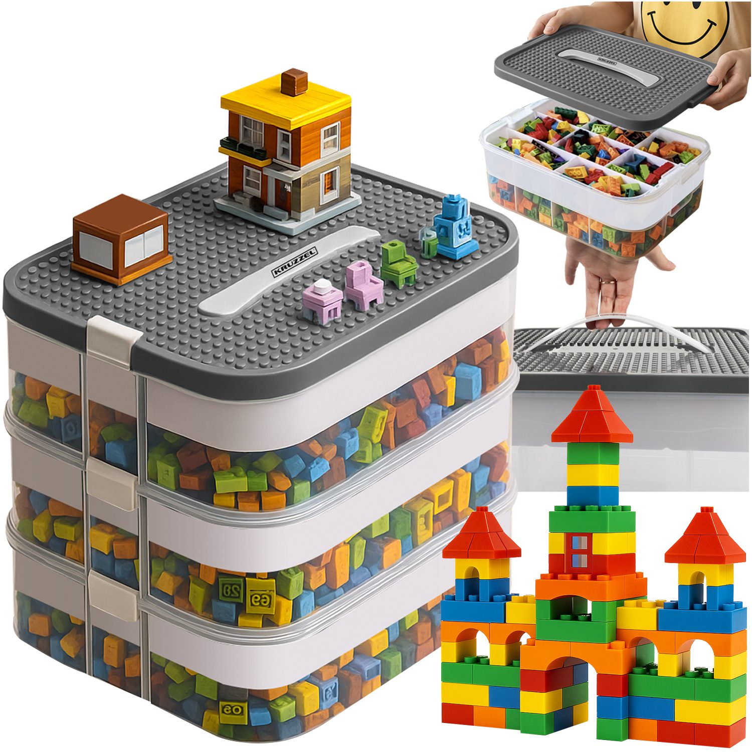 Bygglåda för klossar – 22 L klossförvaring i 3 våningar med lock, transparent design