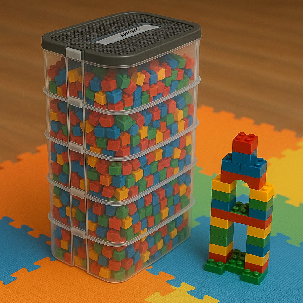 Byggklosslåda 35 L – rymlig och säker 5-vånings förvaringslåda med lock och avdelare