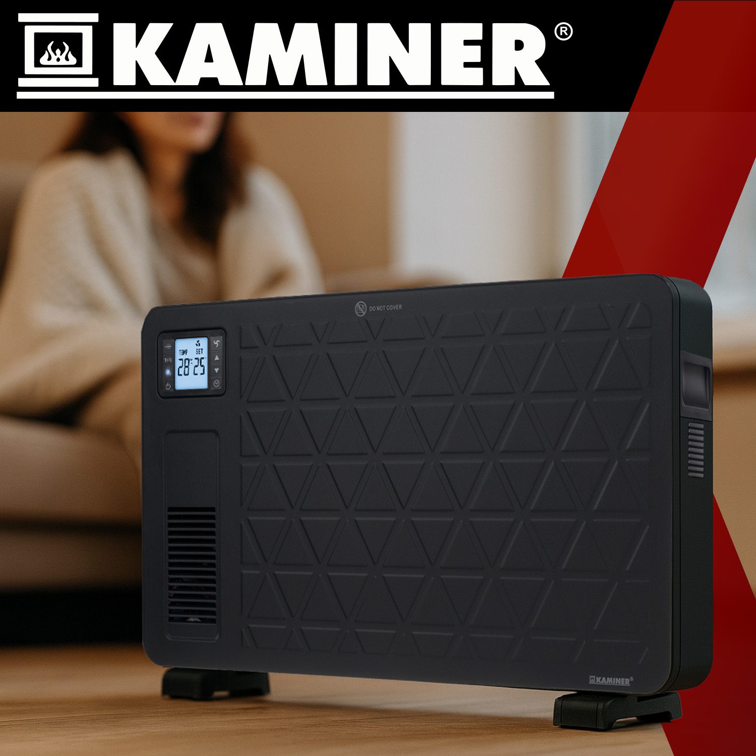 KAMINER Elektrisk Konvektor 2300W i Svart med WiFi-styrning, Fjärrkontroll, LCD och Timer – 70 × 43 × 12 cm