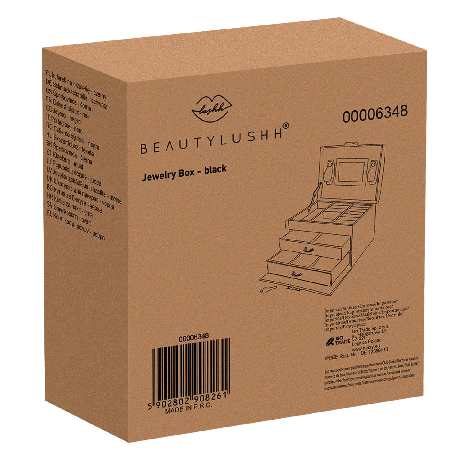 Elegant låsbart smyckeskrin med spegel – svart PU-läder