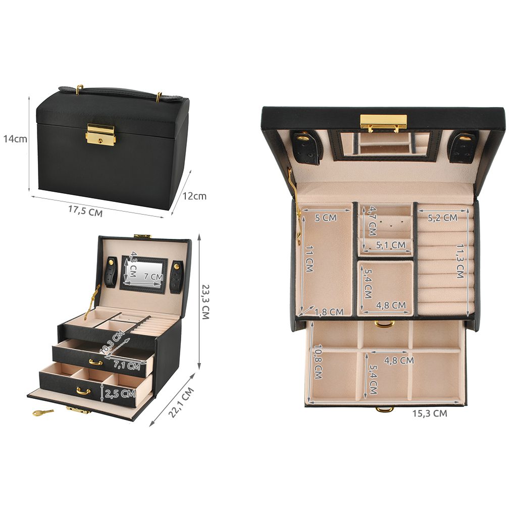 Elegant låsbart smyckeskrin med spegel – svart PU-läder