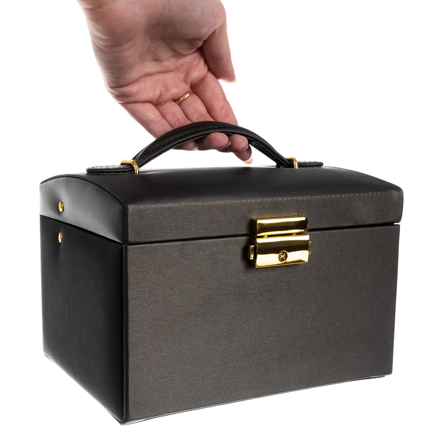 Elegant låsbart smyckeskrin med spegel – svart PU-läder