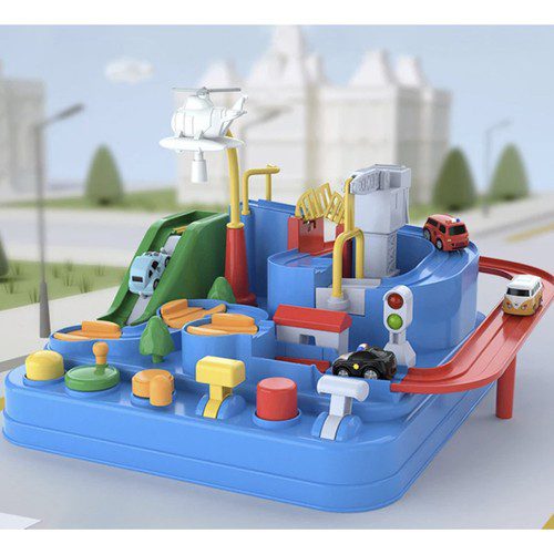 Spännande bilhinderbana – interaktivt lekset med 4 bilar, helikopter och rörliga hinder