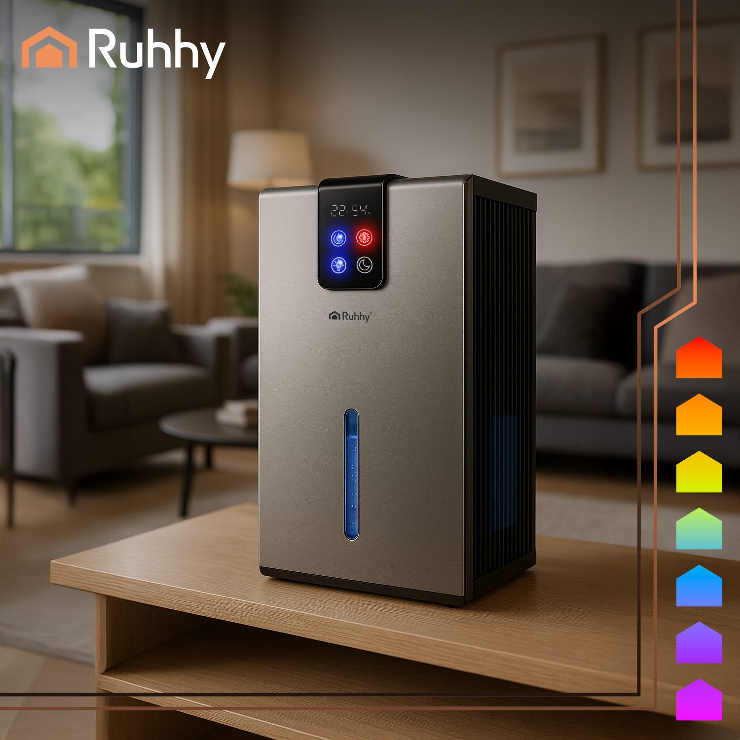 Silver Luftavfuktare 2,2 L med Hygrometer, Hygrostat, LED-ljus, Timer och Fjärrkontroll – 21 × 15 × 36 cm