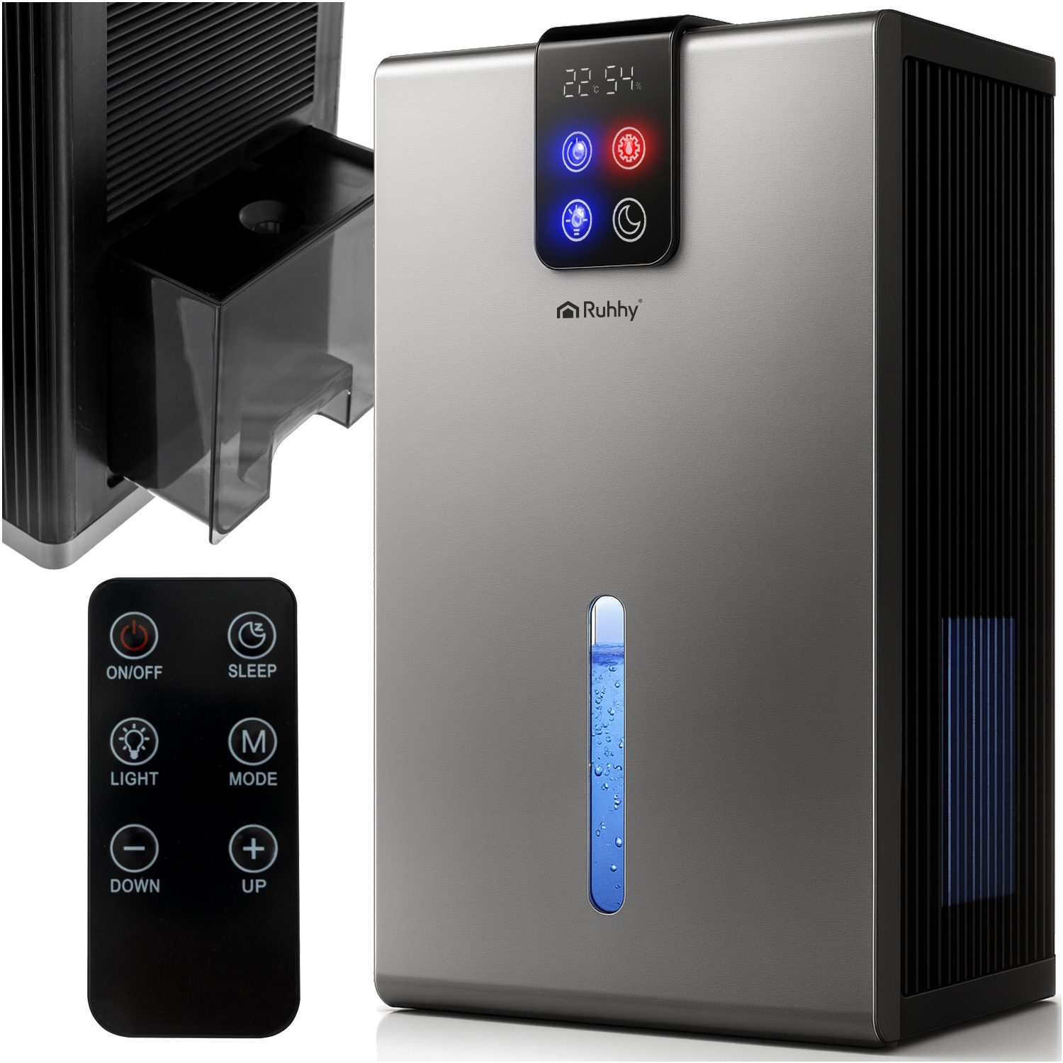 Silver Luftavfuktare 2,2 L med Hygrometer, Hygrostat, LED-ljus, Timer och Fjärrkontroll – 21 × 15 × 36 cm