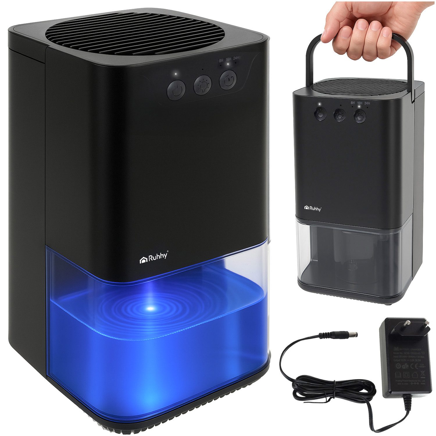 Kompakt Luftavfuktare 1400 ml i Svart med LED-ljus, Timerfunktion & Auto-Off – 17 × 17 × 31,5 cm