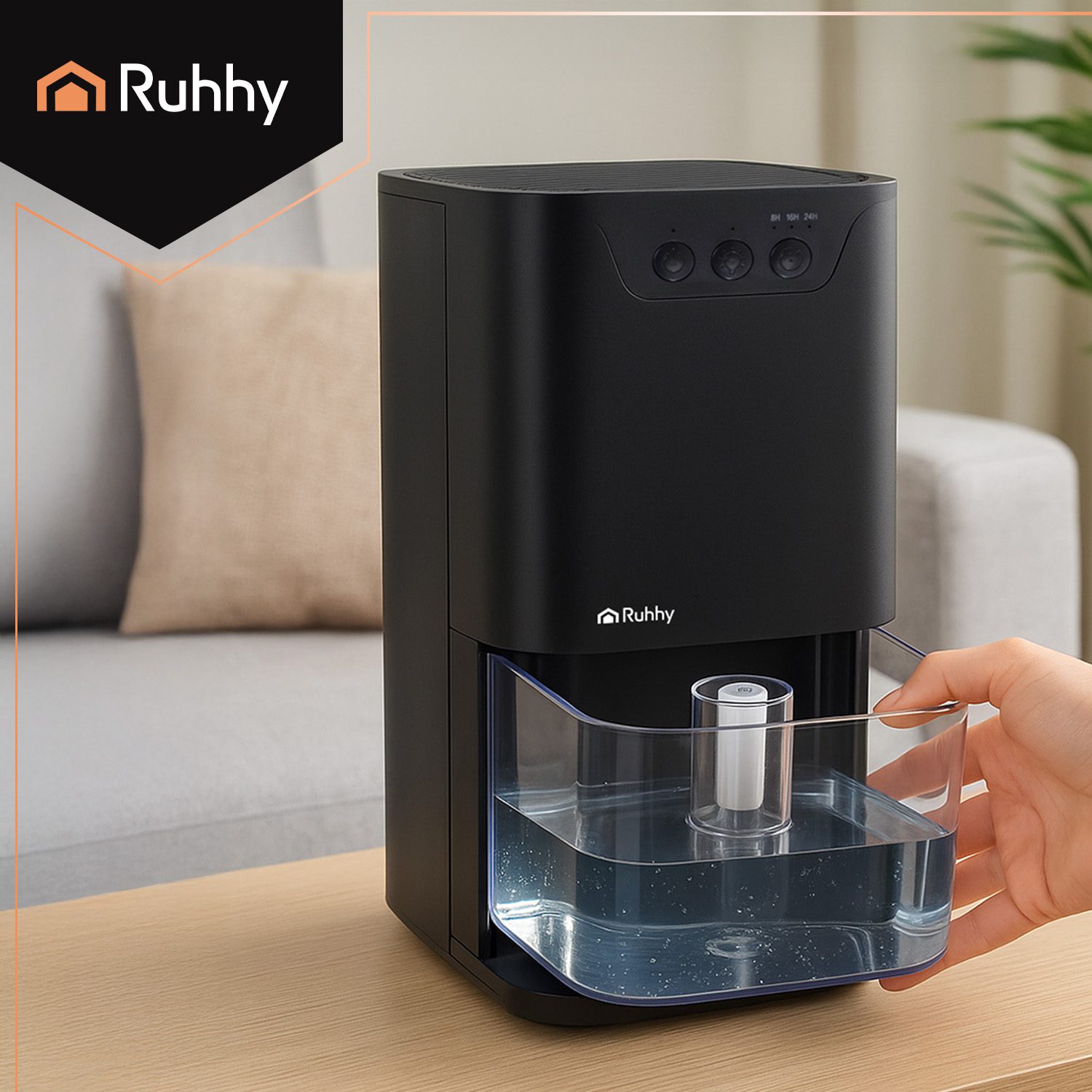 Kompakt Luftavfuktare 1400 ml i Svart med LED-ljus, Timerfunktion & Auto-Off – 17 × 17 × 31,5 cm