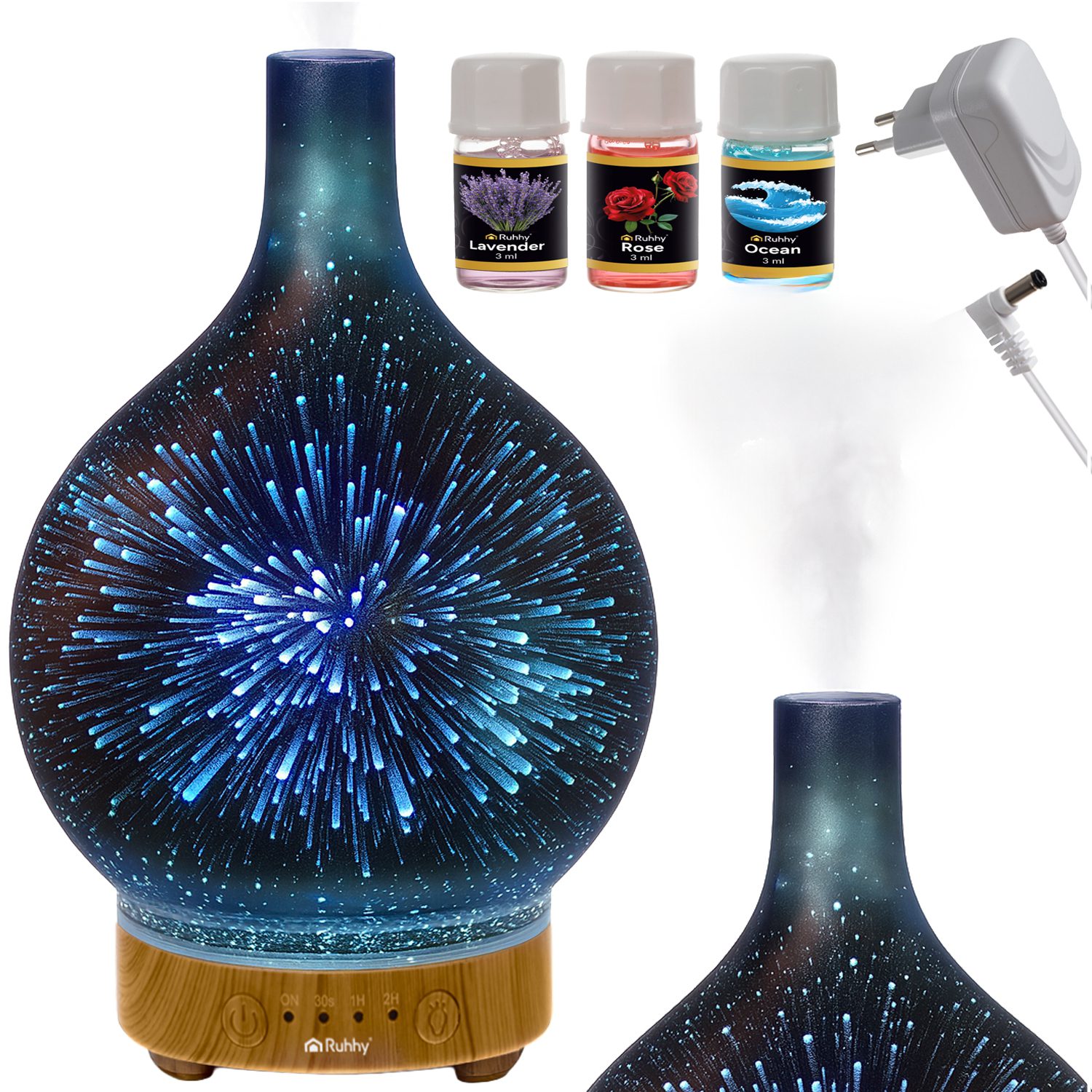 Aroma Diffuser & Luftfuktare 200 ml med 14 LED-nyanser, Timer och 3 Medföljande Doftoljor
