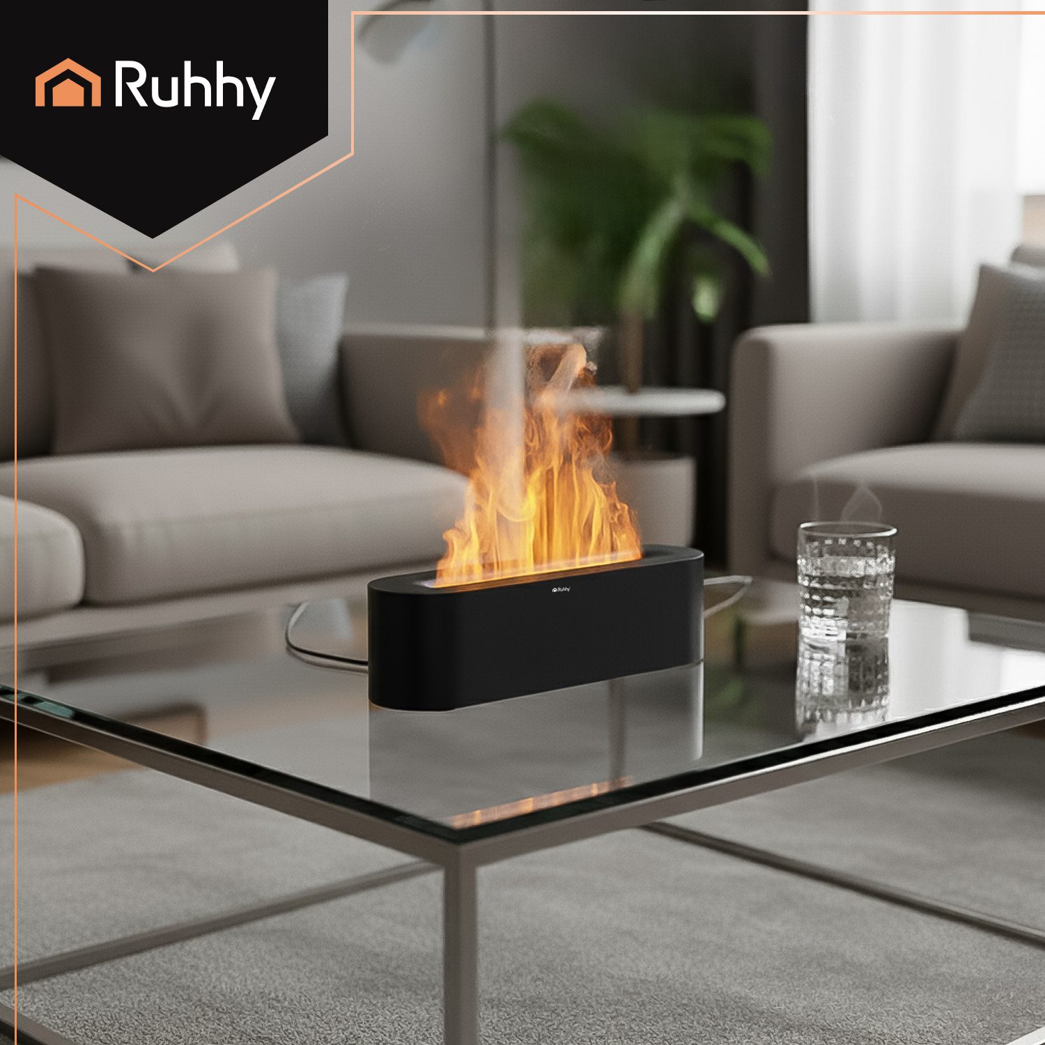 Svart Aroma Diffuser & Luftfuktare 250 ml med Realistisk LED-Flammeffekt, Timer och Fjärrkontroll