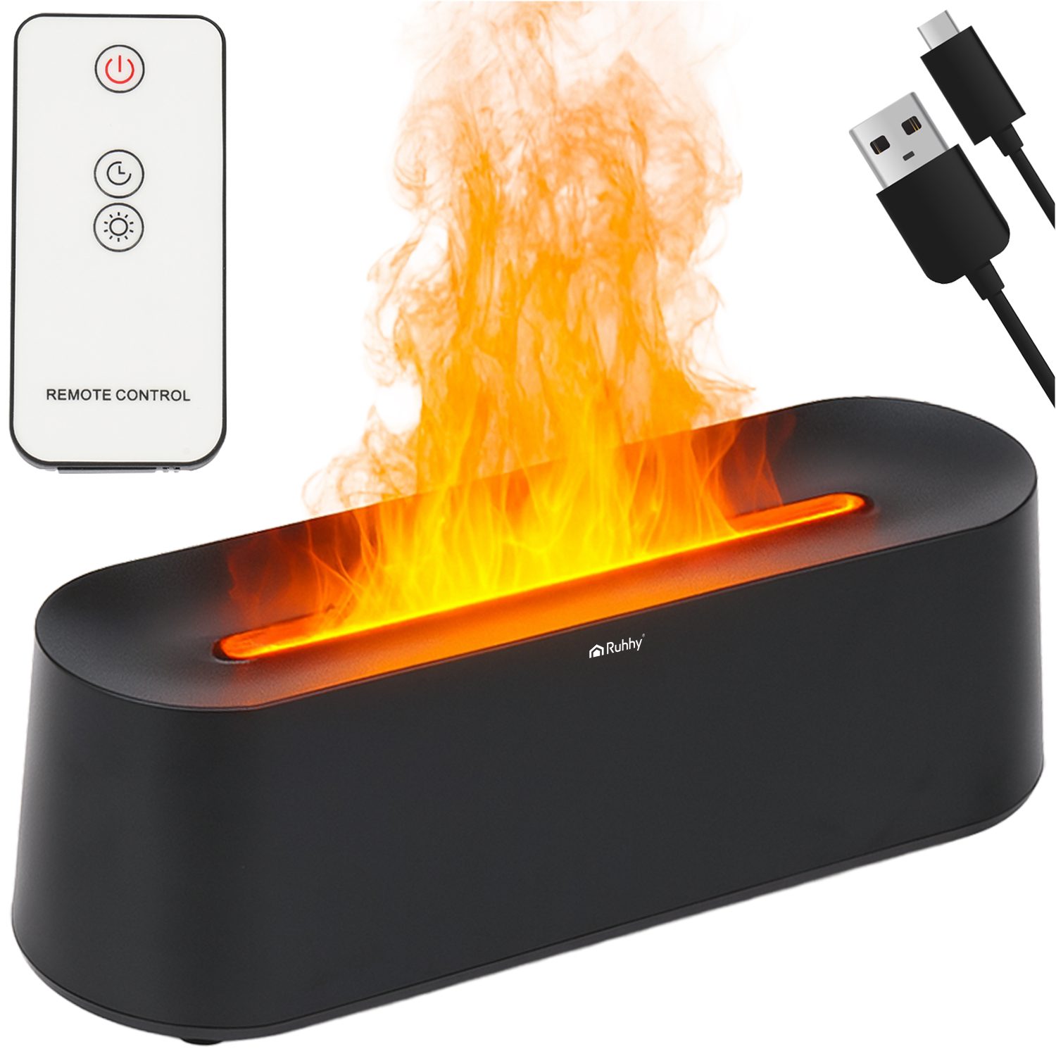 Svart Aroma Diffuser & Luftfuktare 250 ml med Realistisk LED-Flammeffekt, Timer och Fjärrkontroll